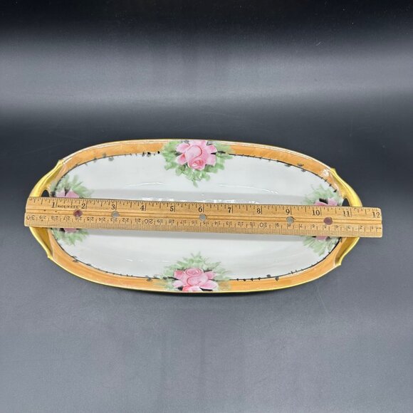 Antique Celery Dish Serving Bowl Bavarian Hand Painted Pink Roses Gold Floral - Picture 8 of 10